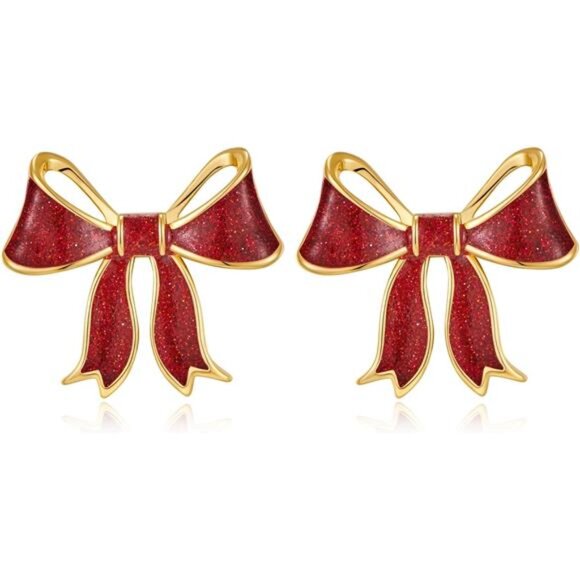 Red Bow Earrings | 18K Gold Plated Studs | Shiny Oil Drop Finish - Picture 1 of 7